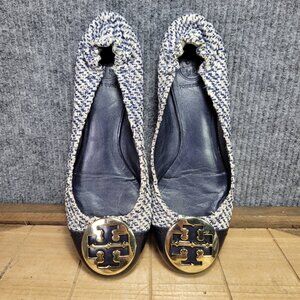 Tory Burch Reva Size 8.5 Ballet Flats Navy Blue White Woven Tweed Leather